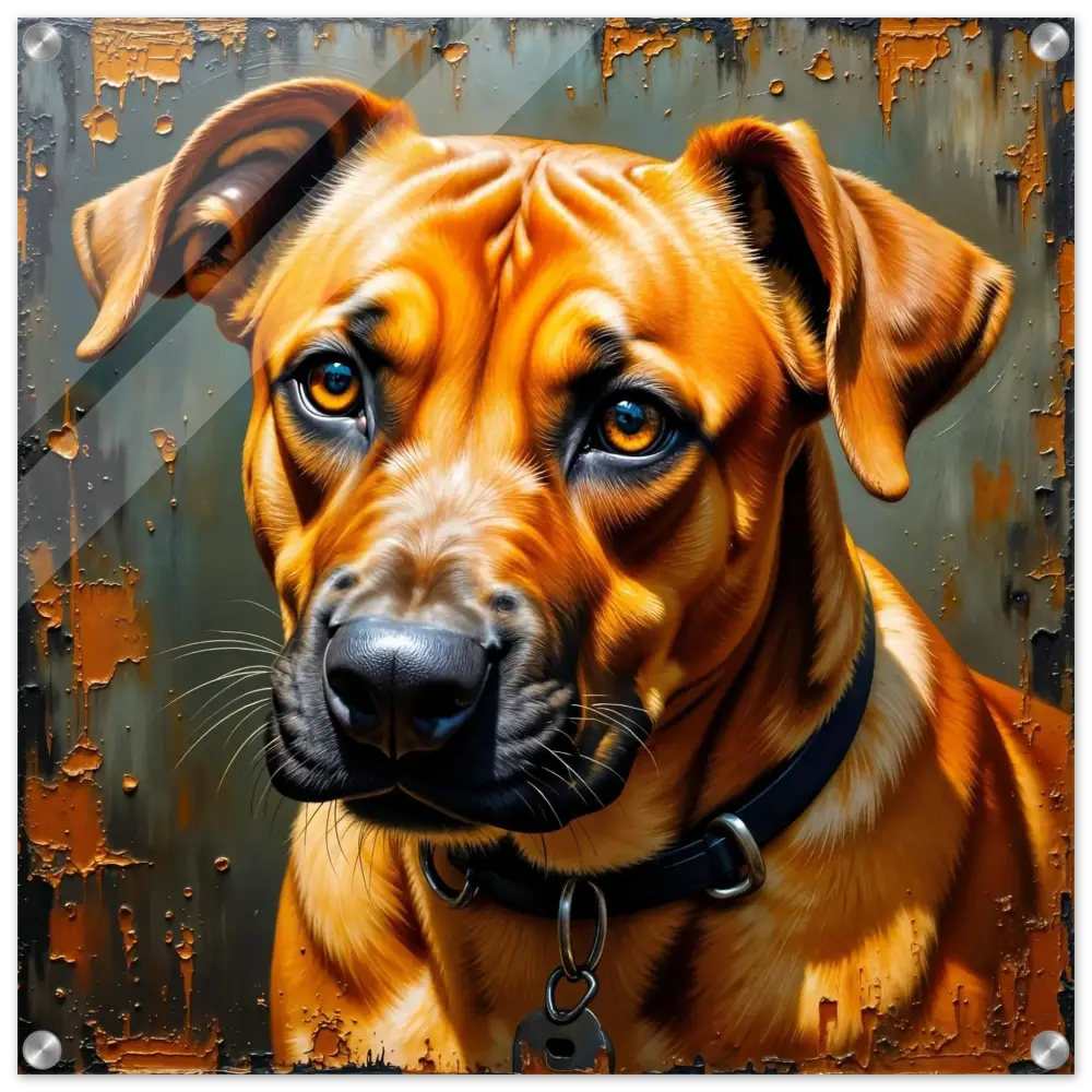 Realistic acrylic print of Rhodesian Ridgeback with black collar and key tag highlighting acrylic print adds depth
