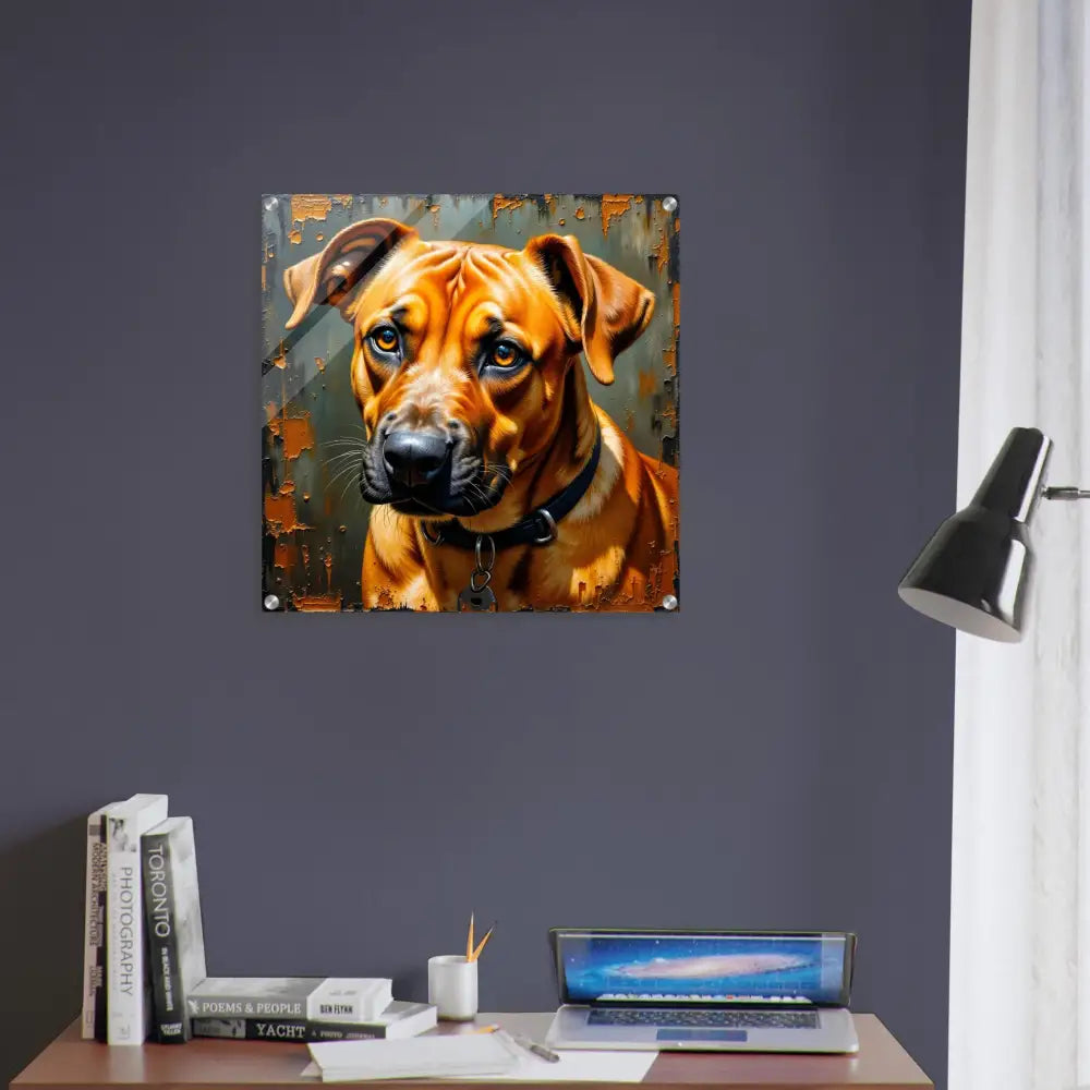 Vibrant realistic acrylic print of a brown dog with a black collar on a metal sign