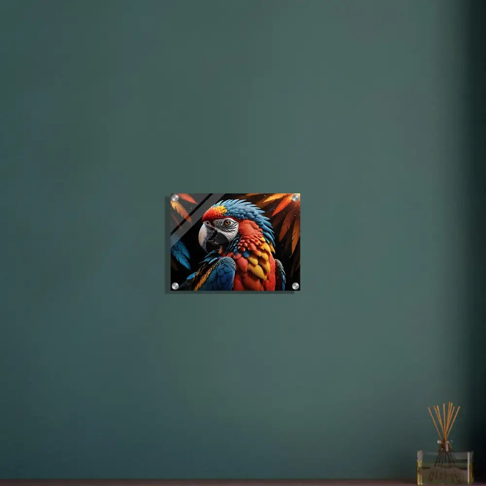 Framed Macaw portrait acrylic print from PixiOnyx Nature Crystal Flight collection