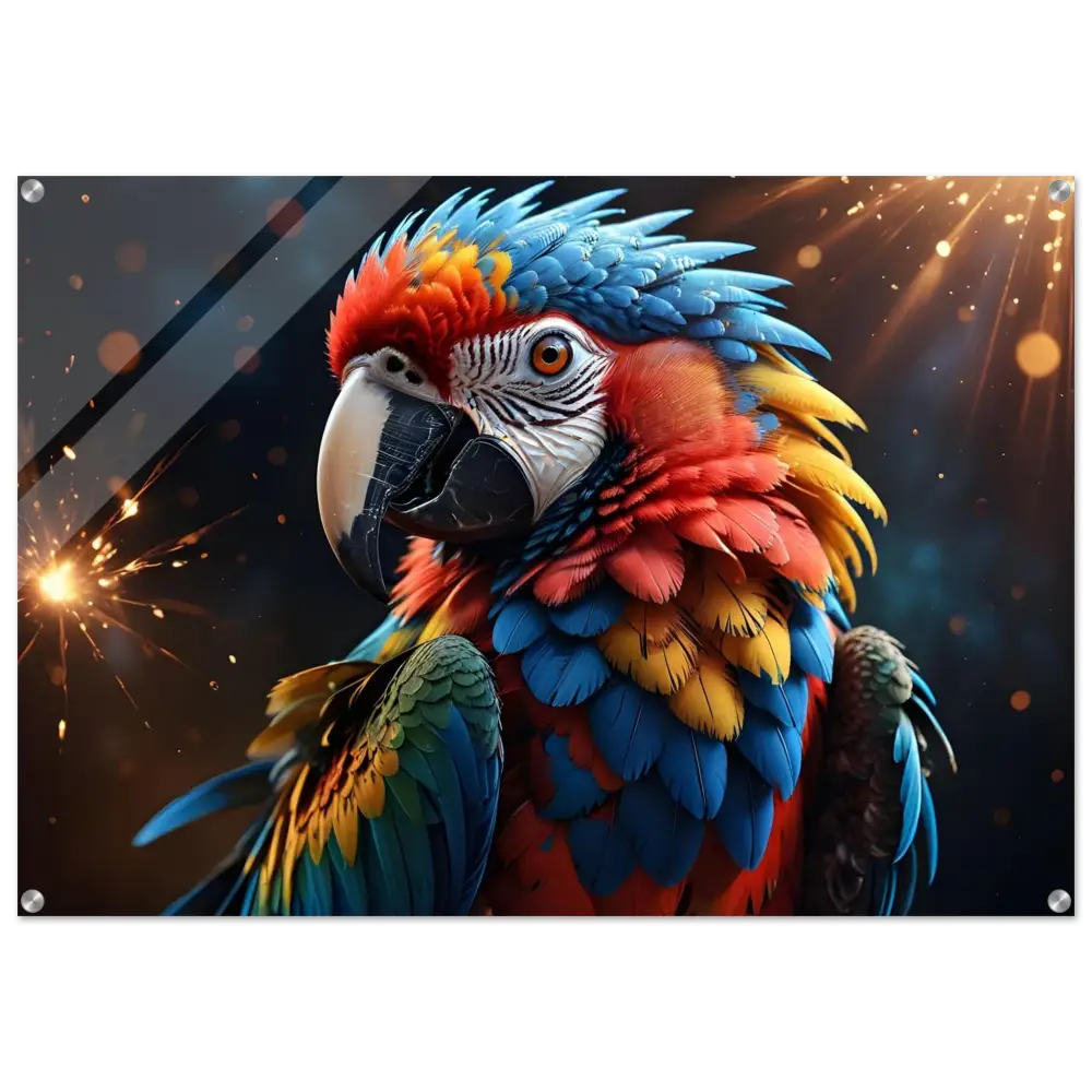 Colorful parrot art print on Acrylic Print Macaw Firelight PixiOnyx Crystal Burst Panel