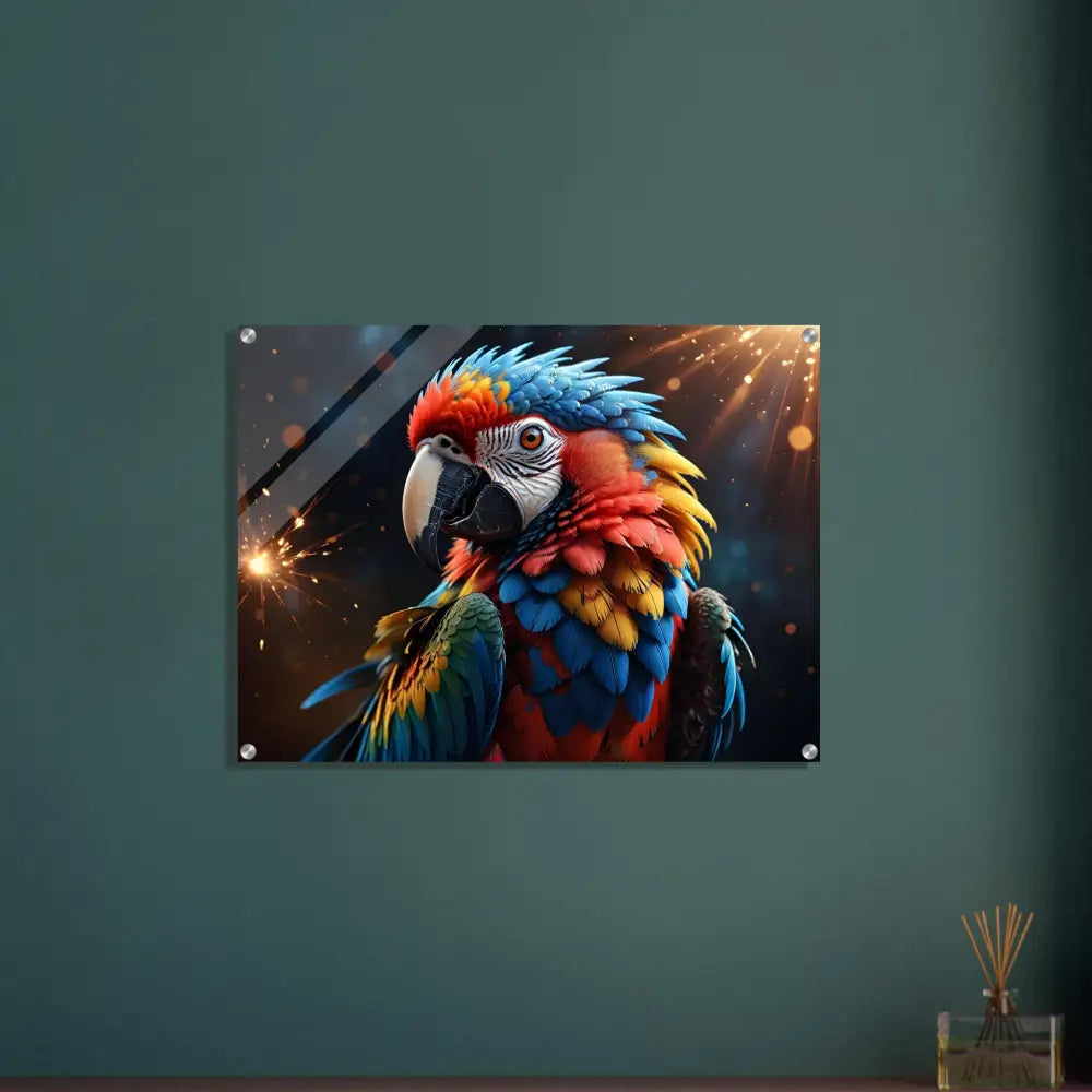 Colorful Parrot Art Print on Acrylic Panel Macaw Firelight PixiOnyx Crystal Burst