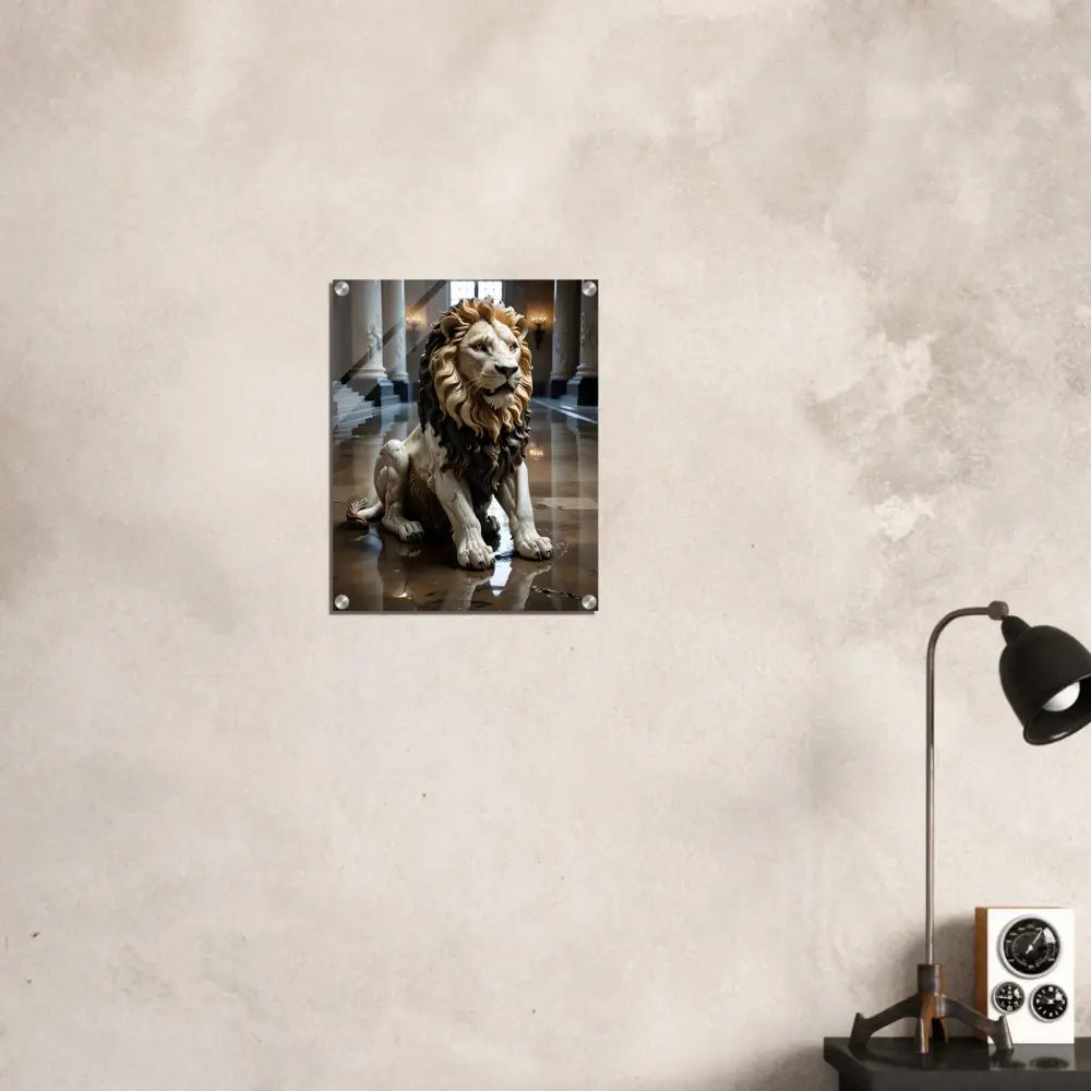 Acrylic art print of a marble lion sculpture displayed in PixiOnyx Regal Sculpture Series