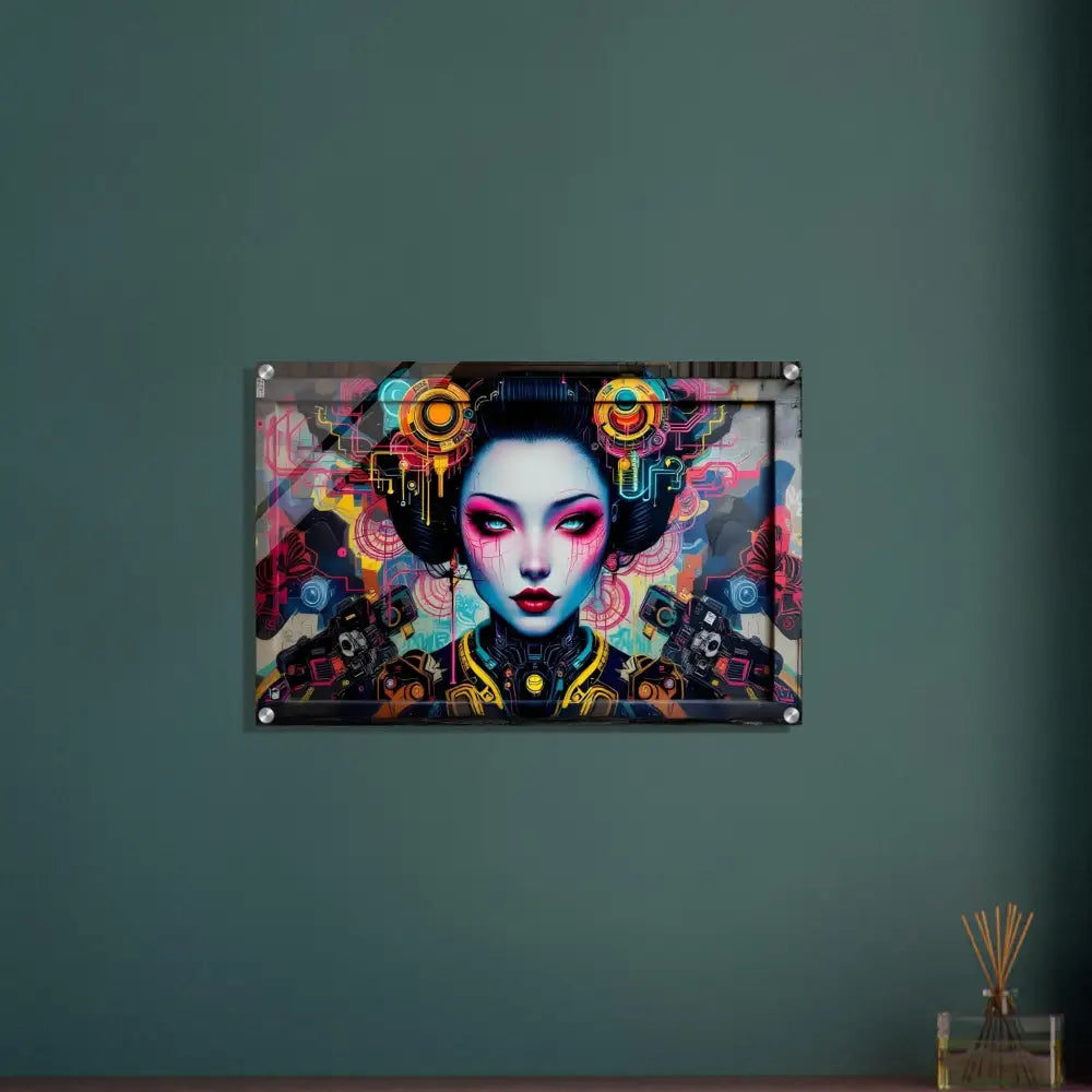 Cyberpunk geisha wall art acrylic print featured in PixiOnyx Urban Circuit icon product