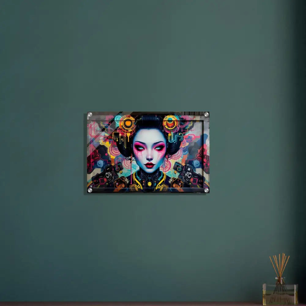 Framed cyberpunk geisha art on acrylic print titled Mech Shrine Geisha PixiOnyx Urban Circuit Icon