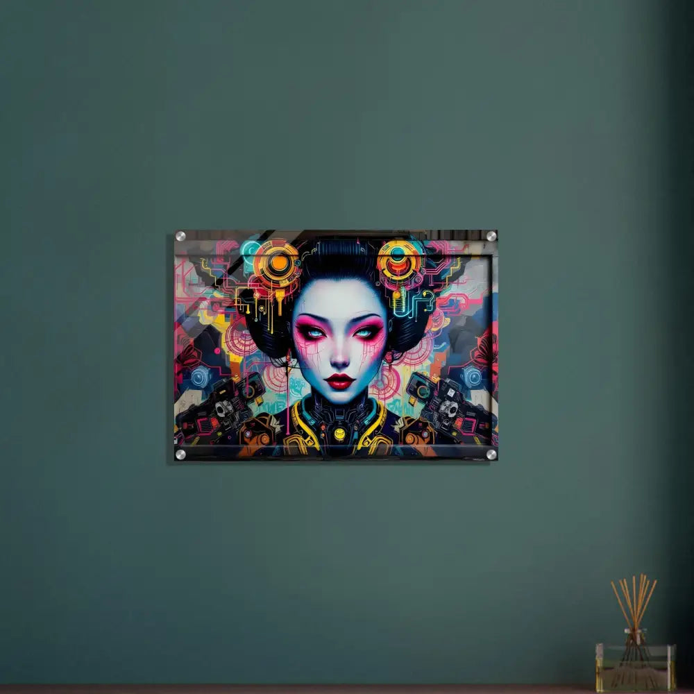 Framed cyberpunk Geisha artwork on Acrylic Print Mech Shrine Geisha PixiOnyx Urban Circuit Icon