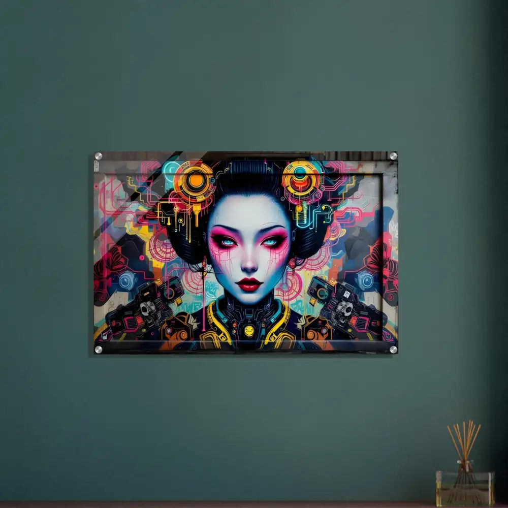 Cyberpunk Geisha artwork displayed on Acrylic Print in PixiOnyx Urban Circuit Icon collection