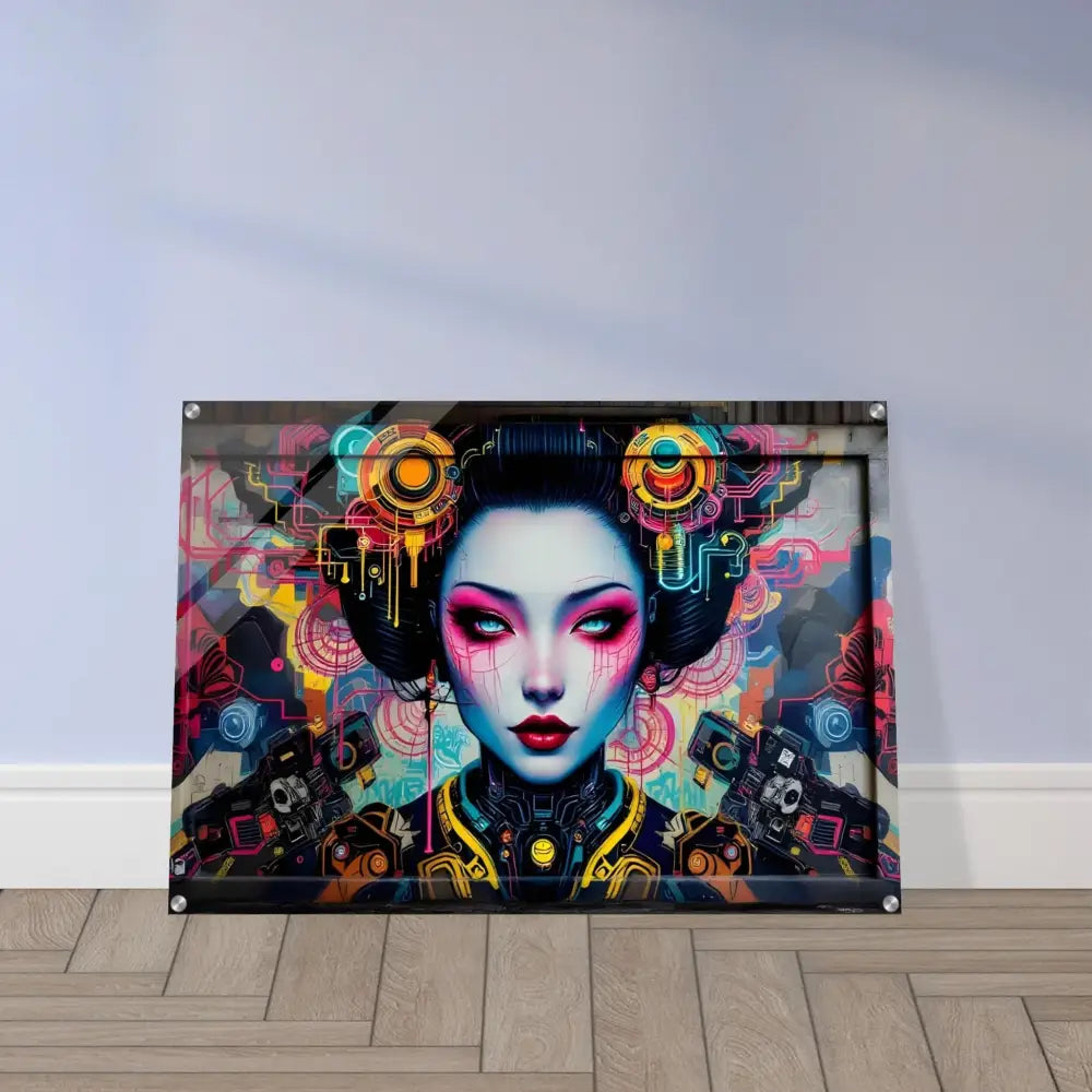 Framed cyberpunk geisha art on acrylic print titled Mech Shrine Geisha by PixiOnyx Urban Circuit Icon