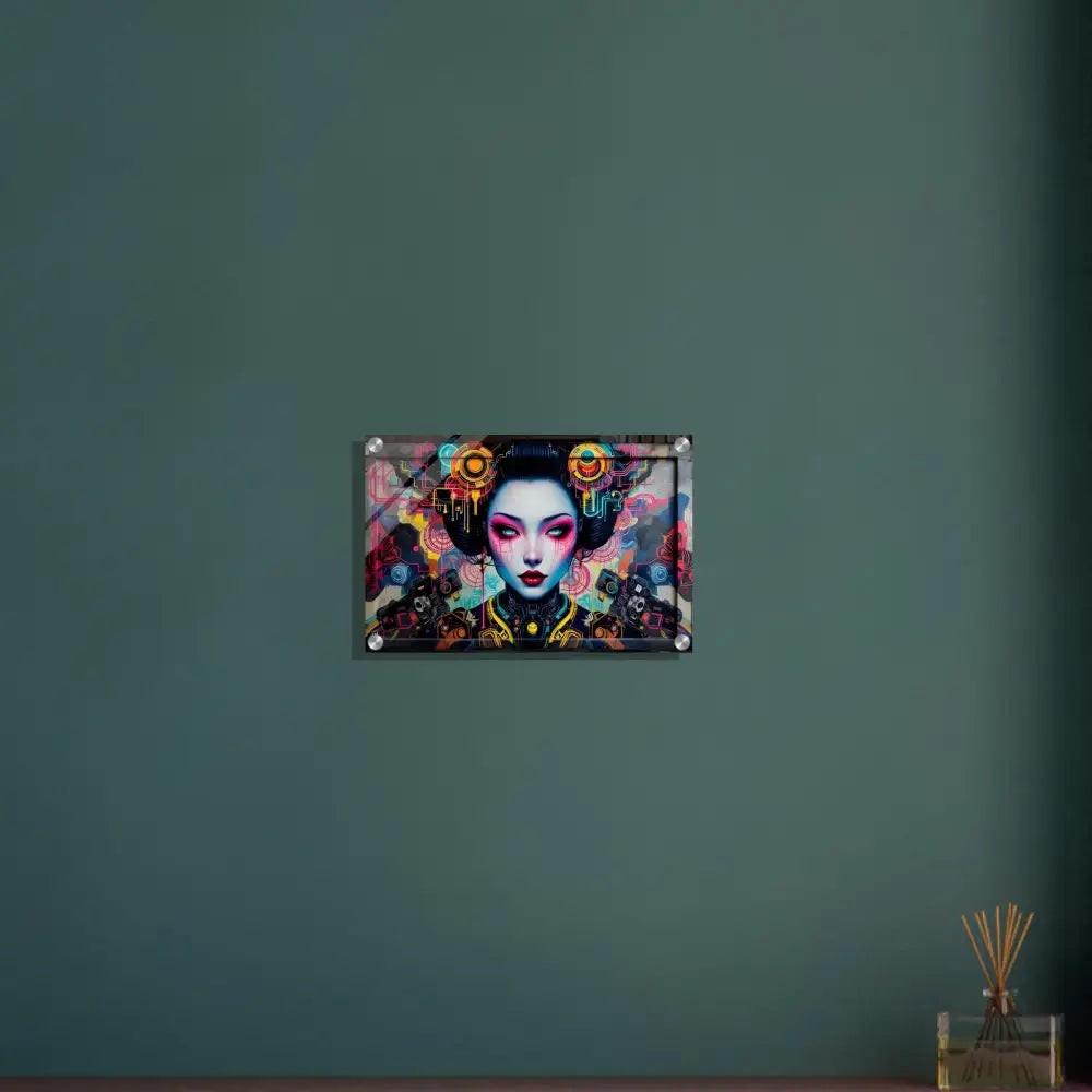 Framed Geisha portrait acrylic print from PixiOnyx Urban Circuit Icon featuring Mech Shrine style