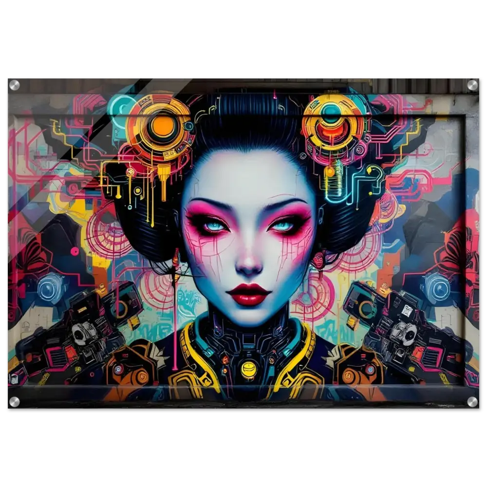 Cyberpunk geisha with guns acrylic print featuring Mech Shrine Geisha PixiOnyx Urban Circuit Icon