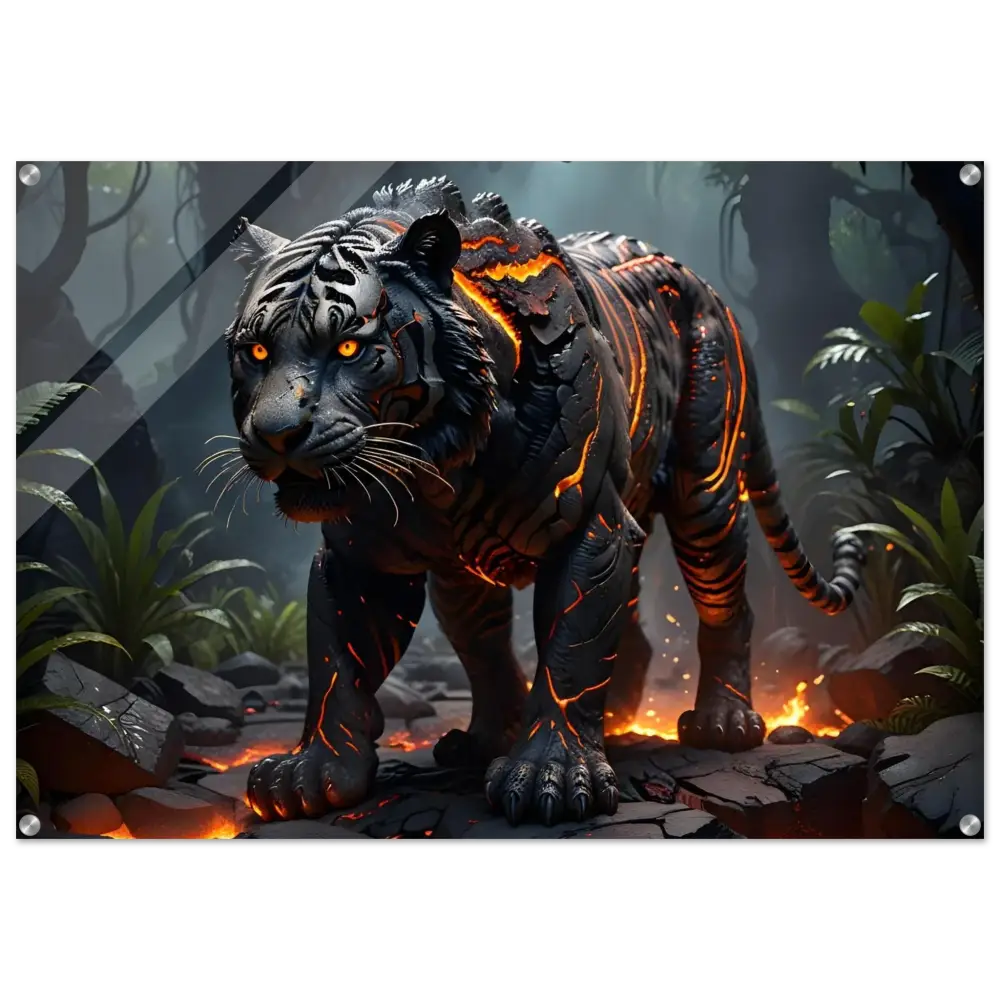 Fiery black tiger acrylic print featuring molten majesty and crystal flame design