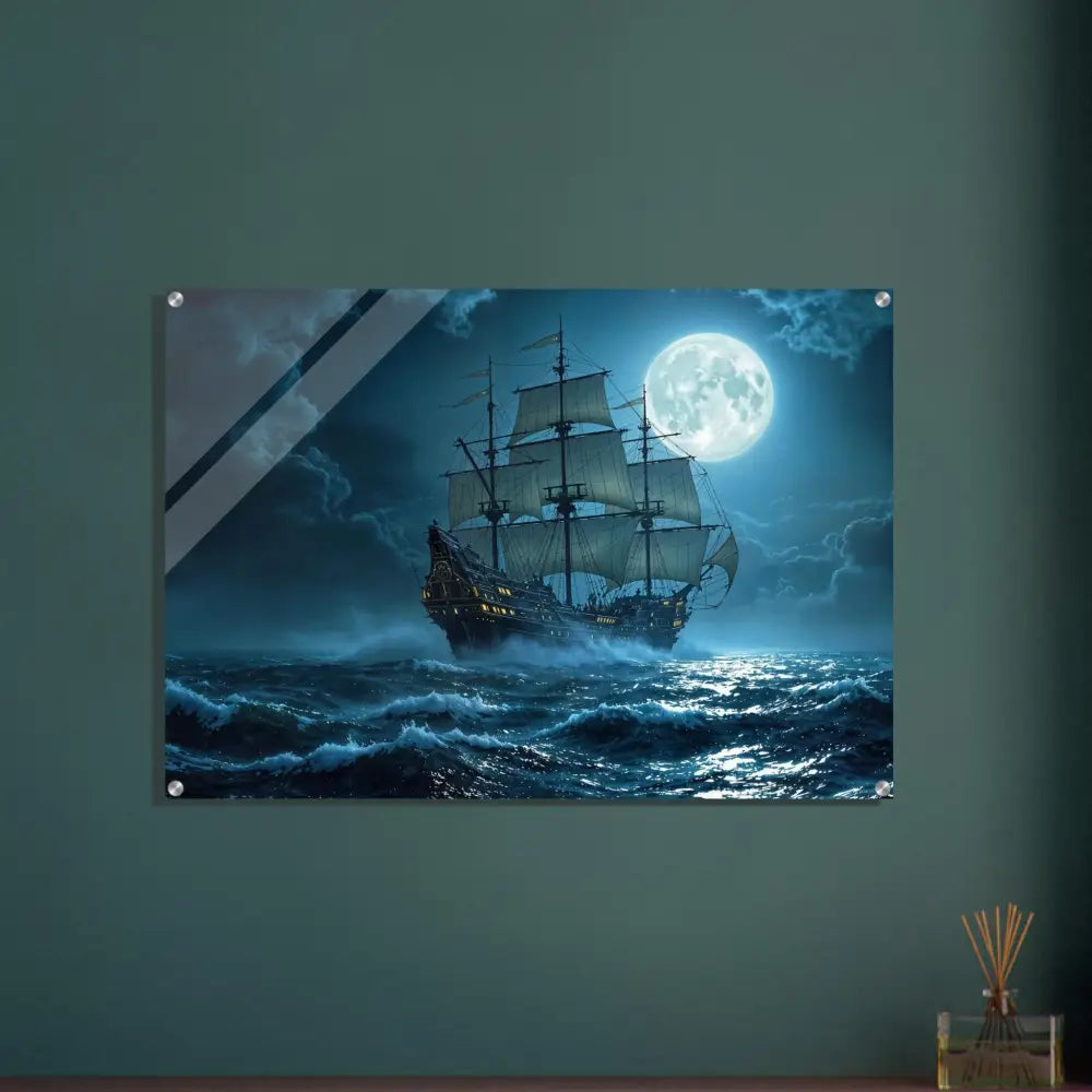 Acrylic print of a framed ship at sea under moonlight from PixiOnyx Luminous Depths Edition