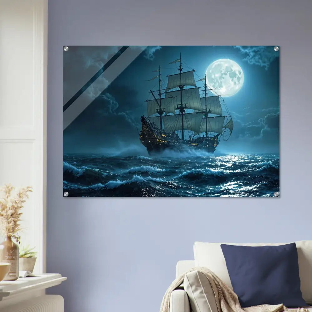Framed pirate ship painting acrylic print titled Moonlit Majesty PixiOnyx Luminous Depths Edition