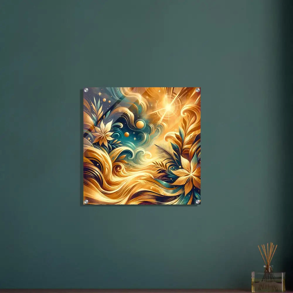 Abstract golden floral artwork on Acrylic Print Nebula Bloom Cascade from PixiOnyx Crystal-Lux series