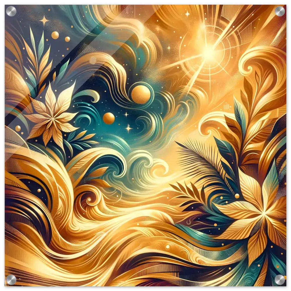 Abstract golden floral art acrylic print from PixiOnyx Nebula Bloom Cascade series