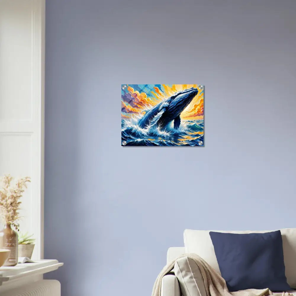 Radiant acrylic print of a whale breaching ocean scene under sunset sky on wall