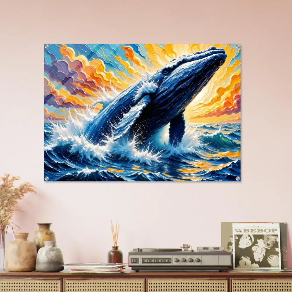 Radiant acrylic print of a whale breaching at sunset from Ocean King PixiOnyx