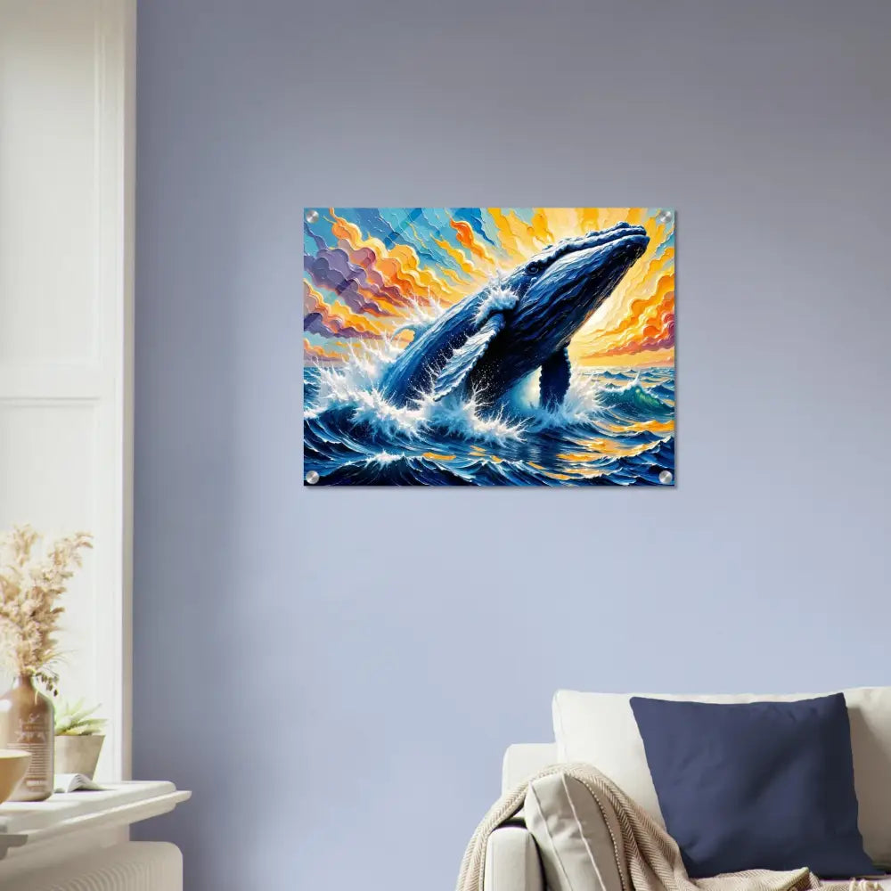 Radiant acrylic print of blue whale breaching ocean waves at sunset for Ocean King display