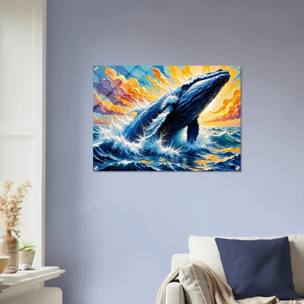 Radiant acrylic print of a breaching whale from PixiOnyx Ocean King collection