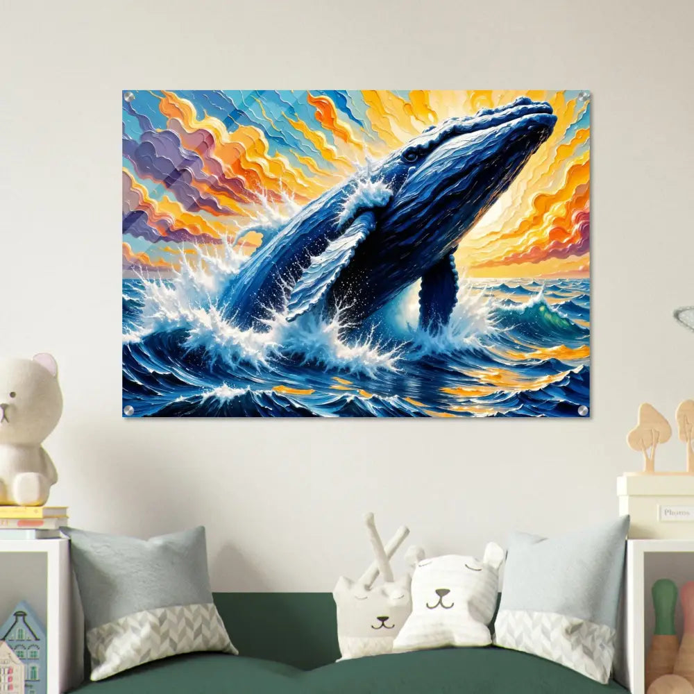Radiant acrylic print of a whale breaching in colorful seas from PixiOnyx Ocean King