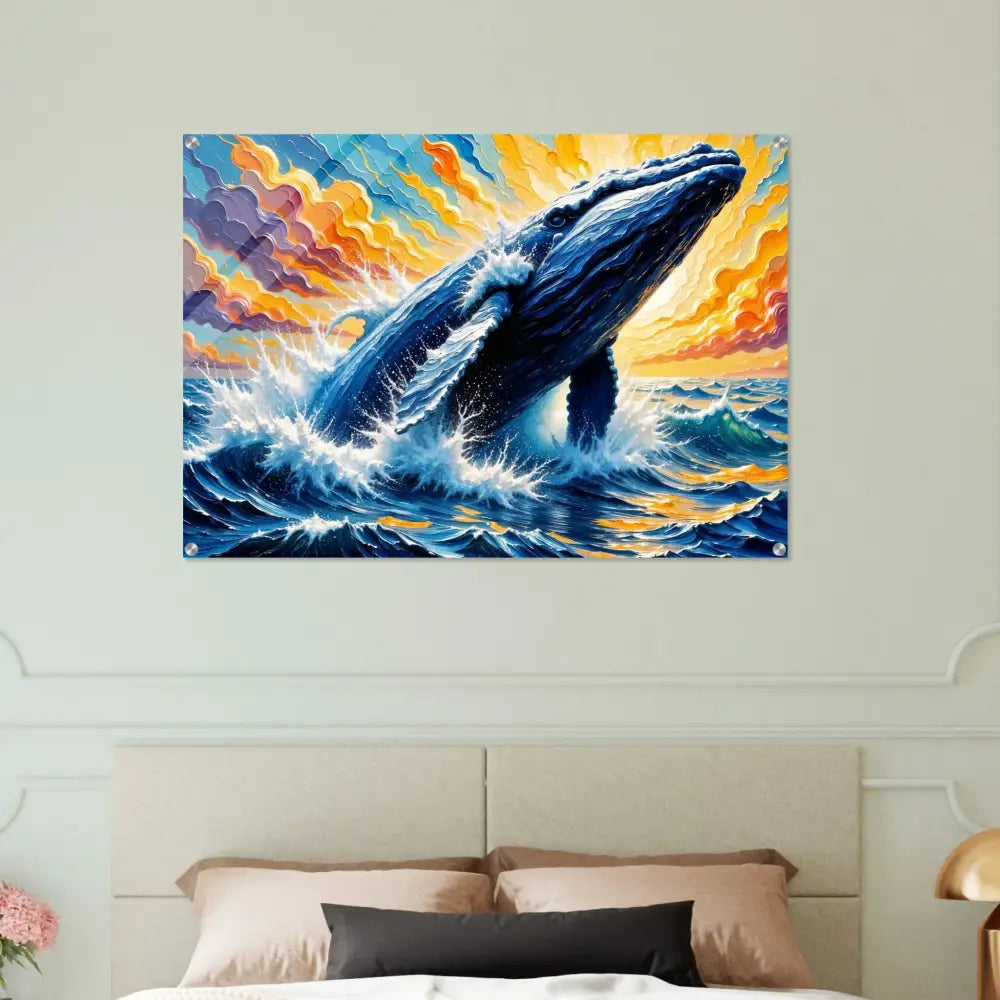 Radiant acrylic print of a blue whale breaching in a colorful ocean at sunset