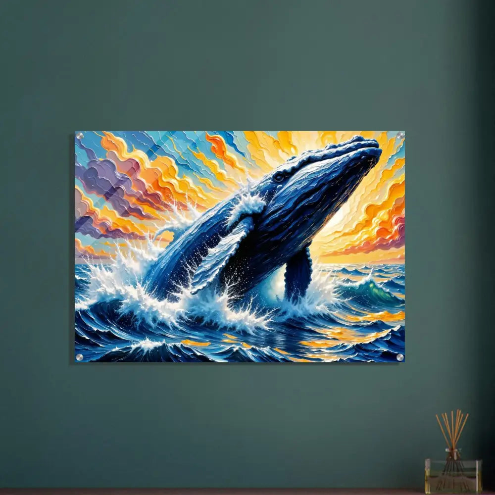 Vibrant acrylic print of a blue whale breaching in colorful seas, Ocean King PixiOnyx