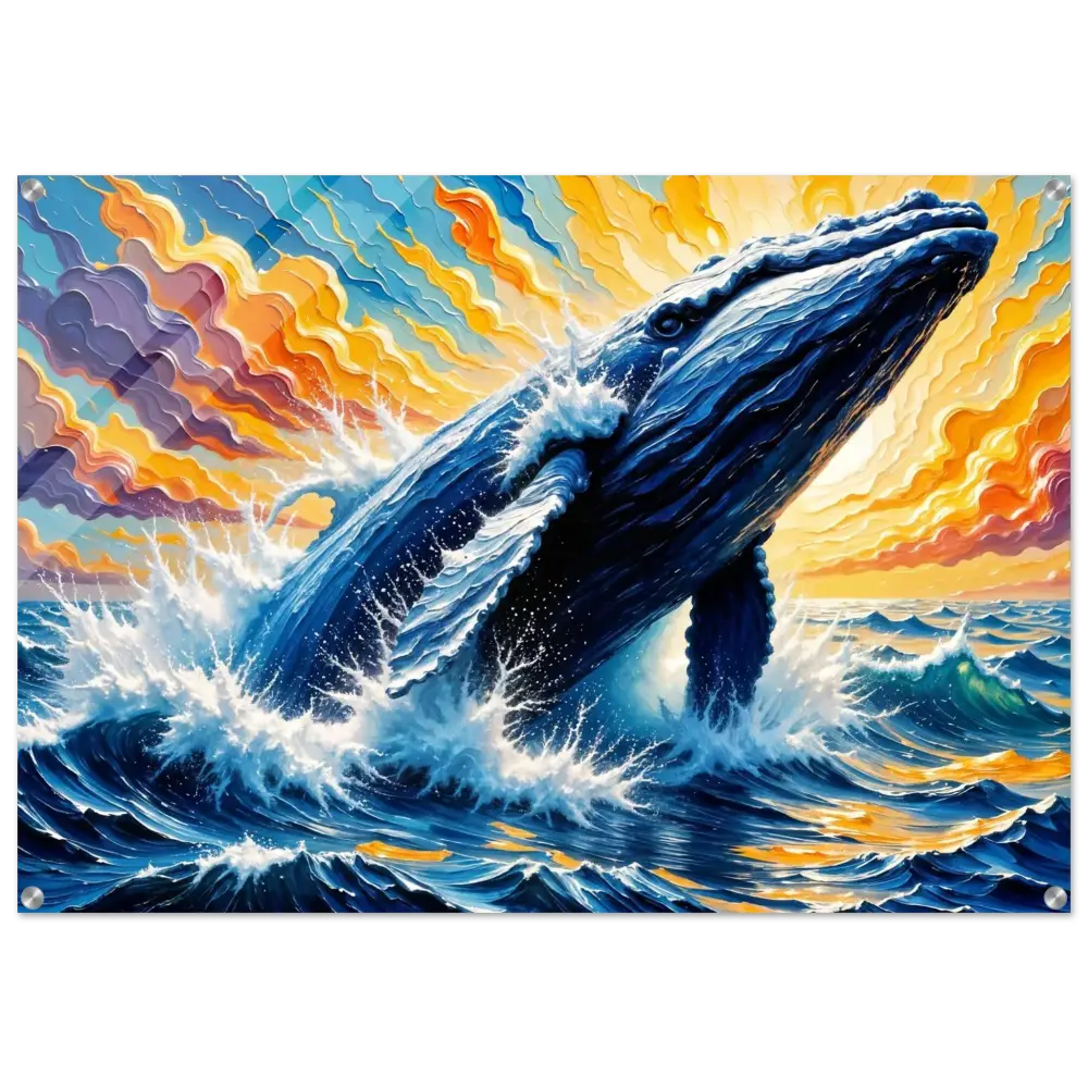 Radiant acrylic print of a blue whale breaching ocean waves at sunset for PixiOnyx
