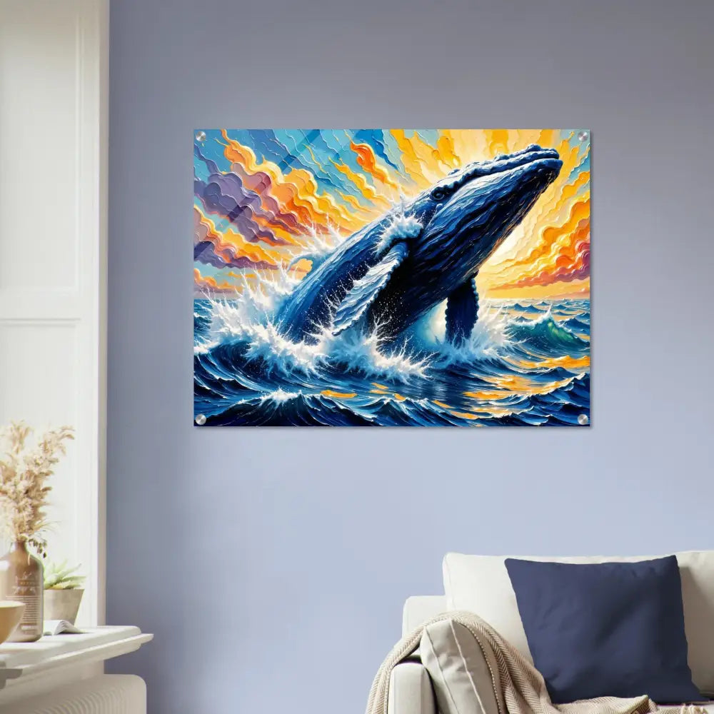Radiant acrylic print of a blue whale breaching ocean under colorful sky