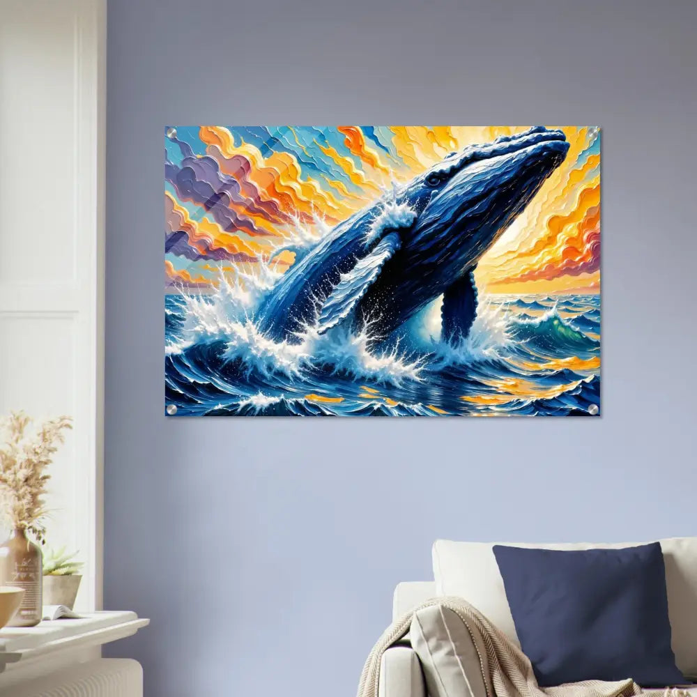 Radiant acrylic print of a whale breaching ocean under colorful sky at PixiOnyx