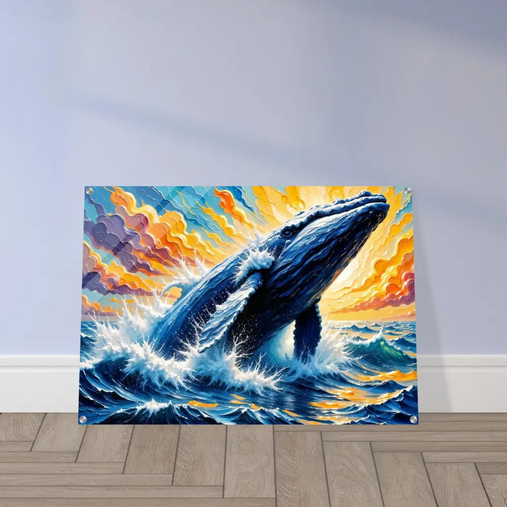 Radiant acrylic print of a whale breaching in colorful waters under a dynamic sky