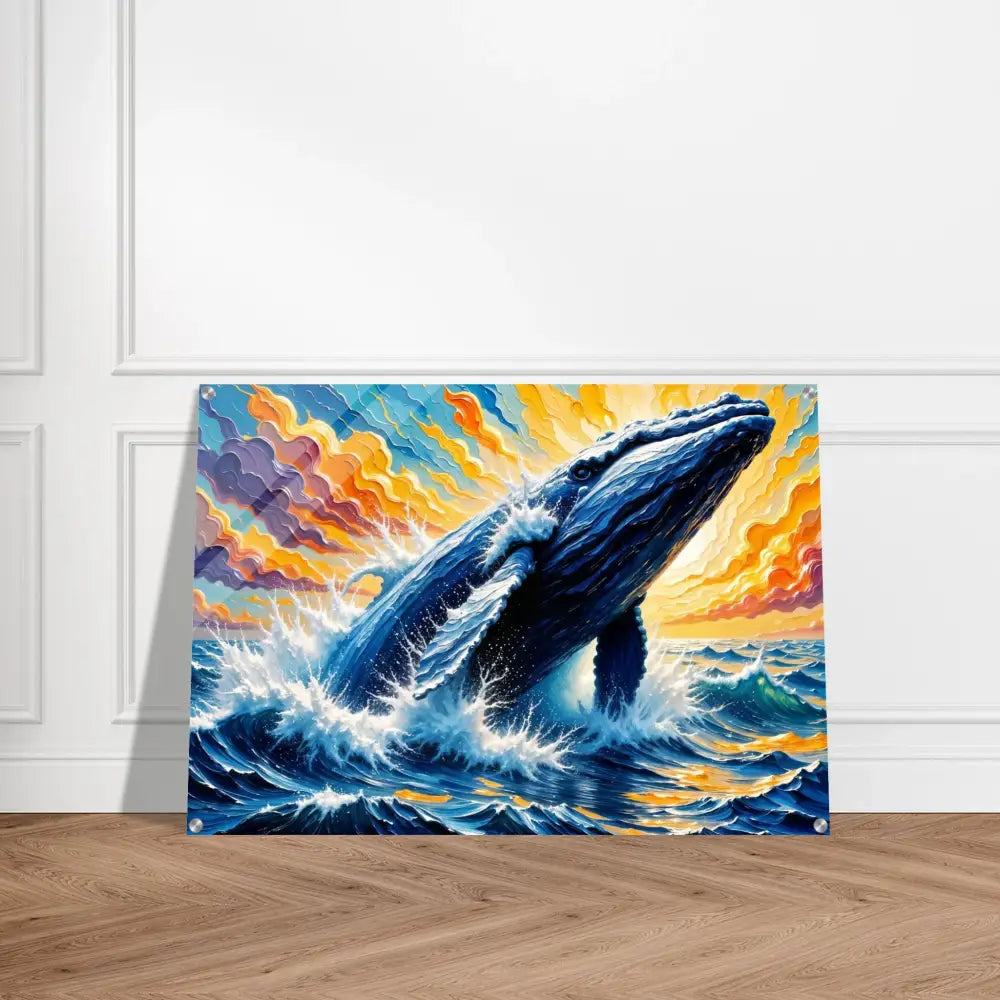 Radiant acrylic print of a colorful whale breaching from the ocean for Ocean King PixiOnyx
