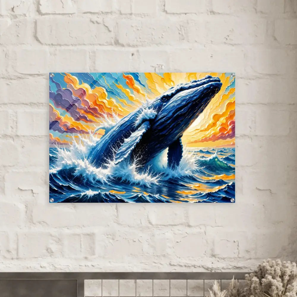 Radiant acrylic print of a colorful whale breaching from the ocean for wall decor