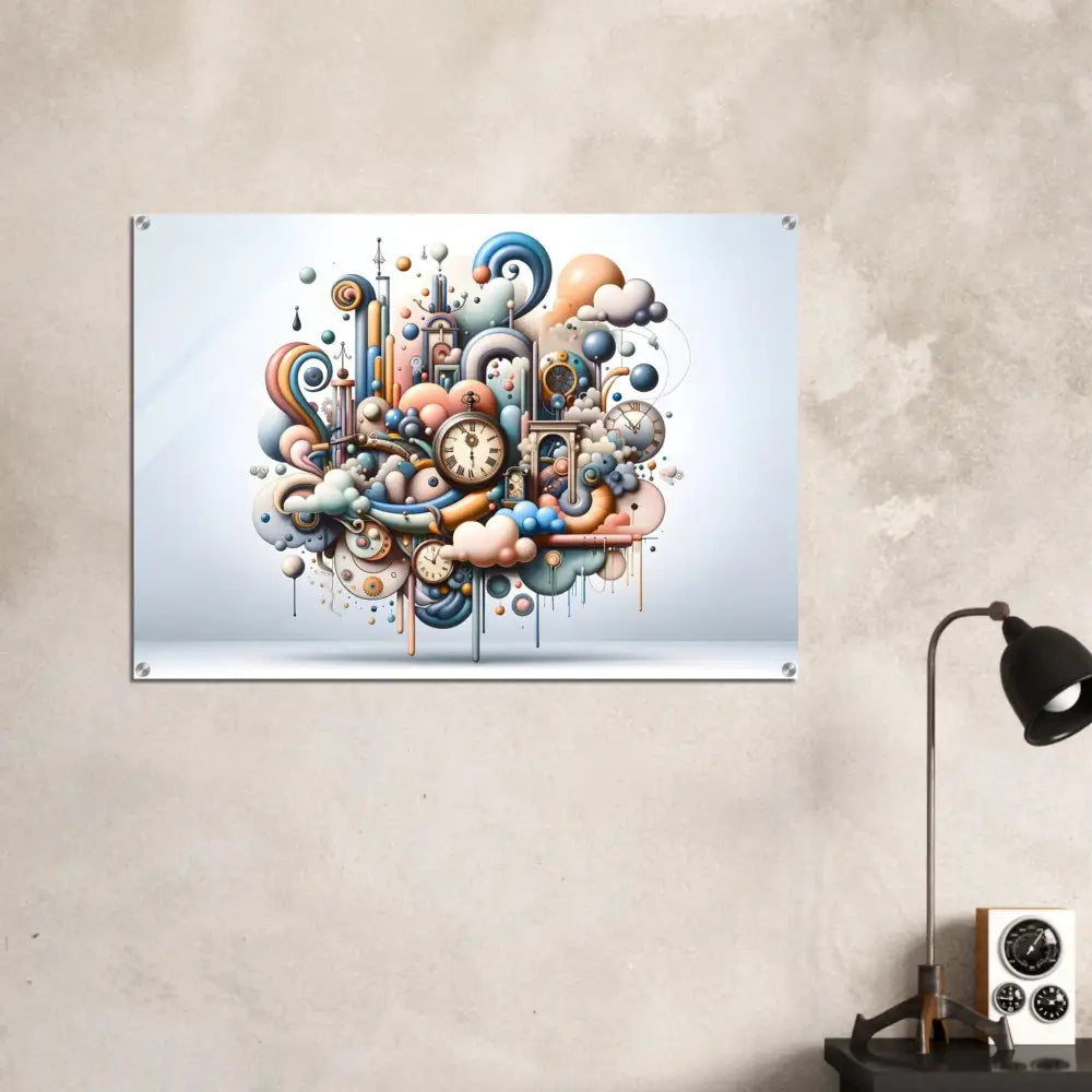 Colorful whimsical clockwork art print on acrylic titled Pastel Mechanica Surreal Art
