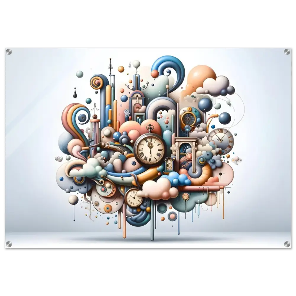 Whimsical clockwork dreamscape on Acrylic Print Pastel Mechanica with Surreal Art finish