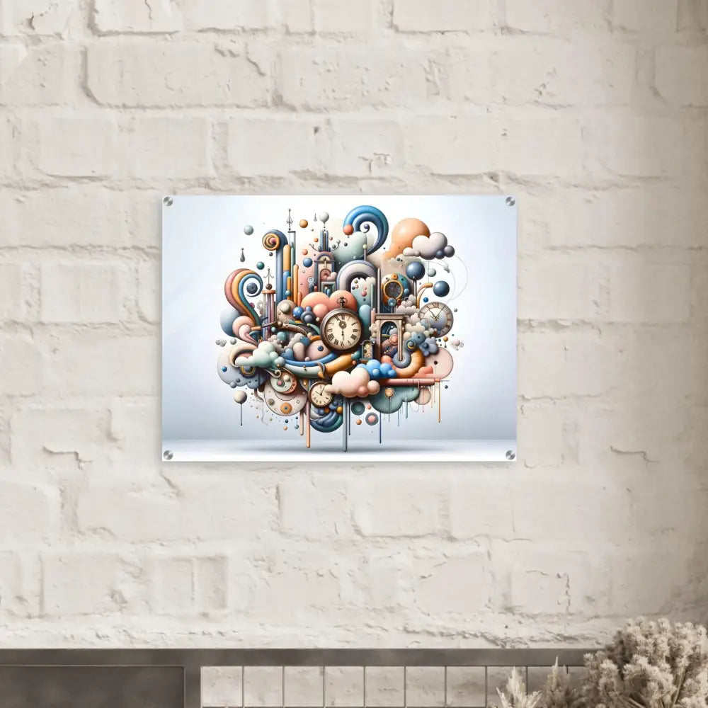 Whimsical clockwork fantasy art print on Acrylic Pastel Mechanica Surreal Art display