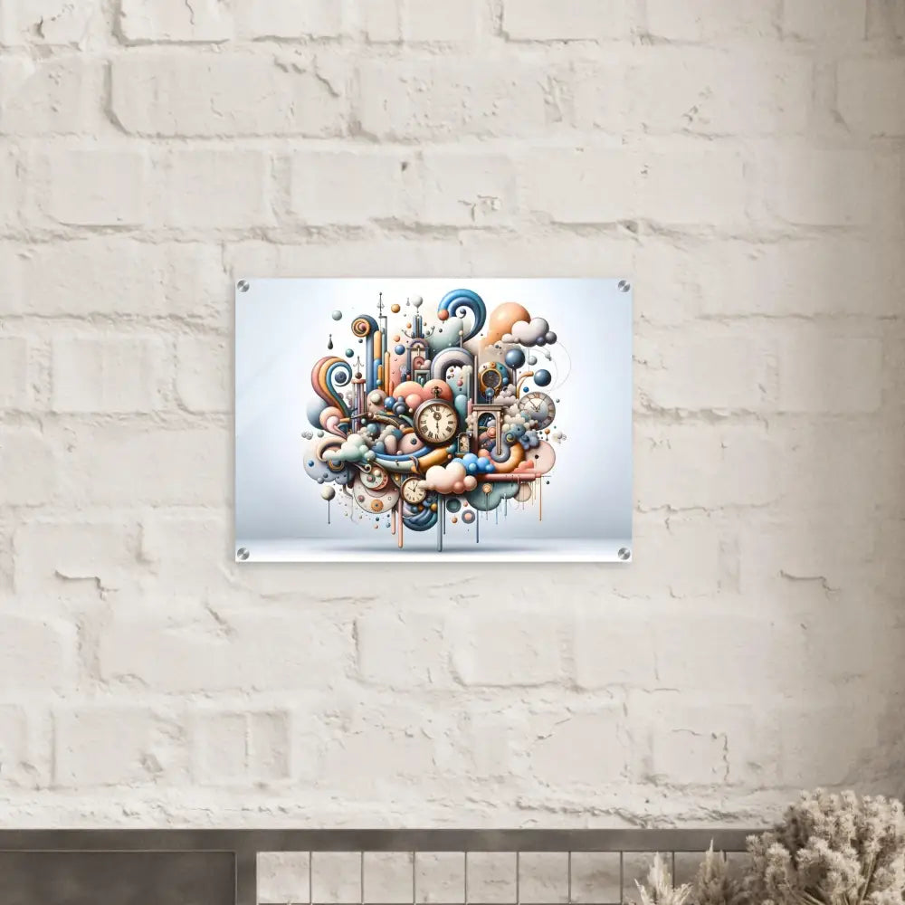 Whimsical cartoon cityscape art on Acrylic Print Pastel Mechanica with PixiOnyx Gloss Finish