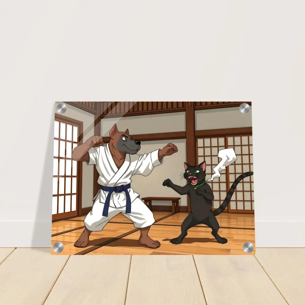 Acrylic art print of a Karate dog and cat from Paws of Fury martial mayhem