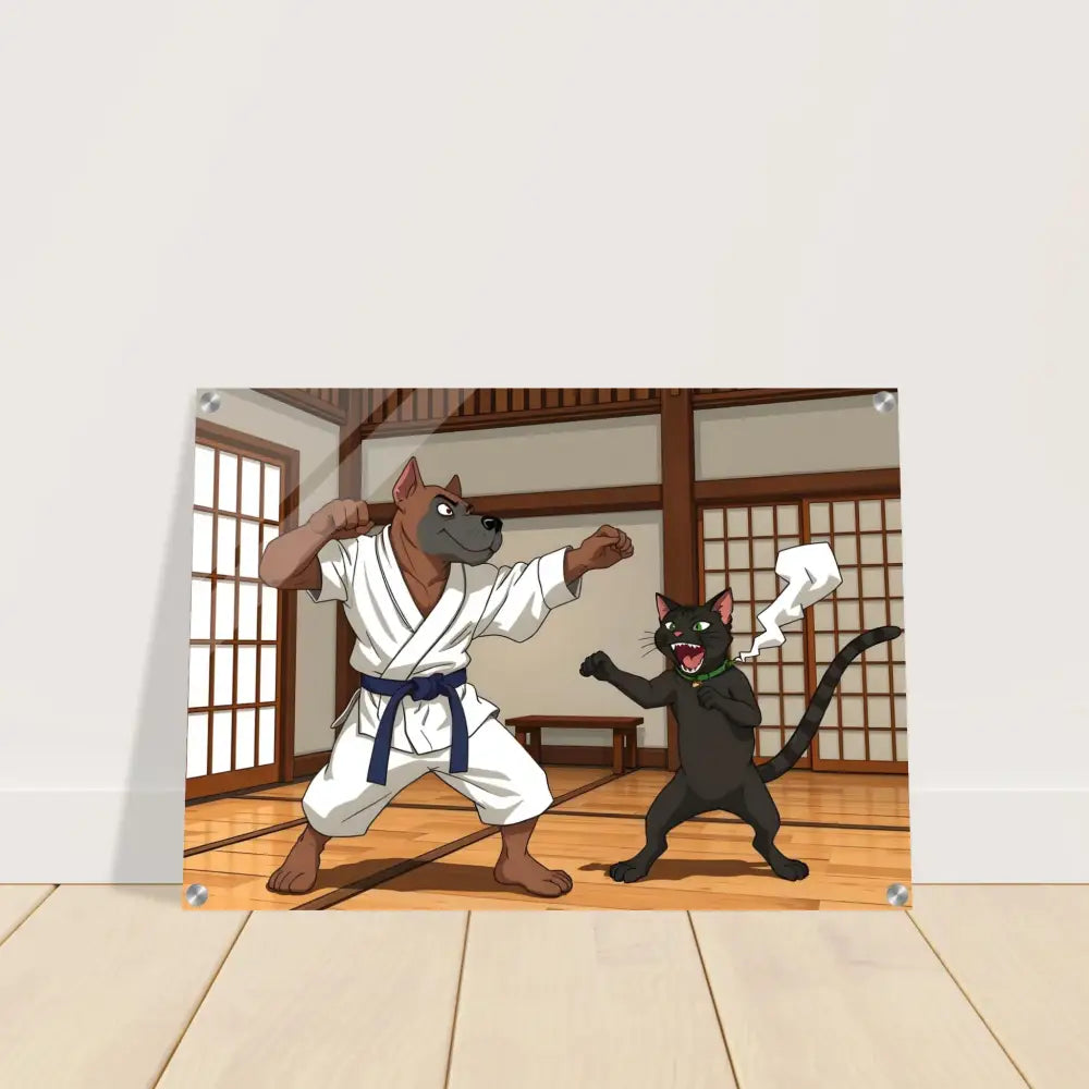 Cartoon dog and cat karate match on Acrylic Print Paws of Fury PixiOnyx Martial Mayhem