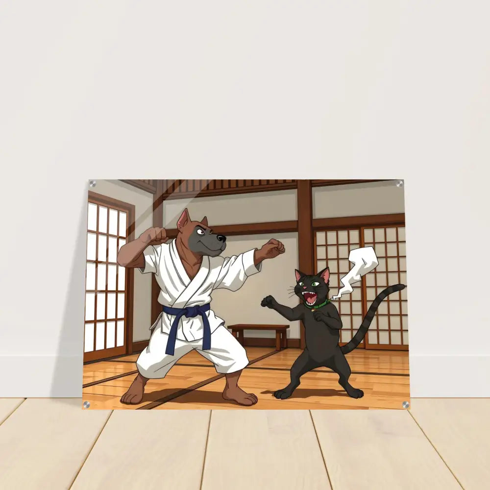 Cartoon dog and cat karate match on Acrylic Print Paws of Fury PixiOnyx Martial Mayhem