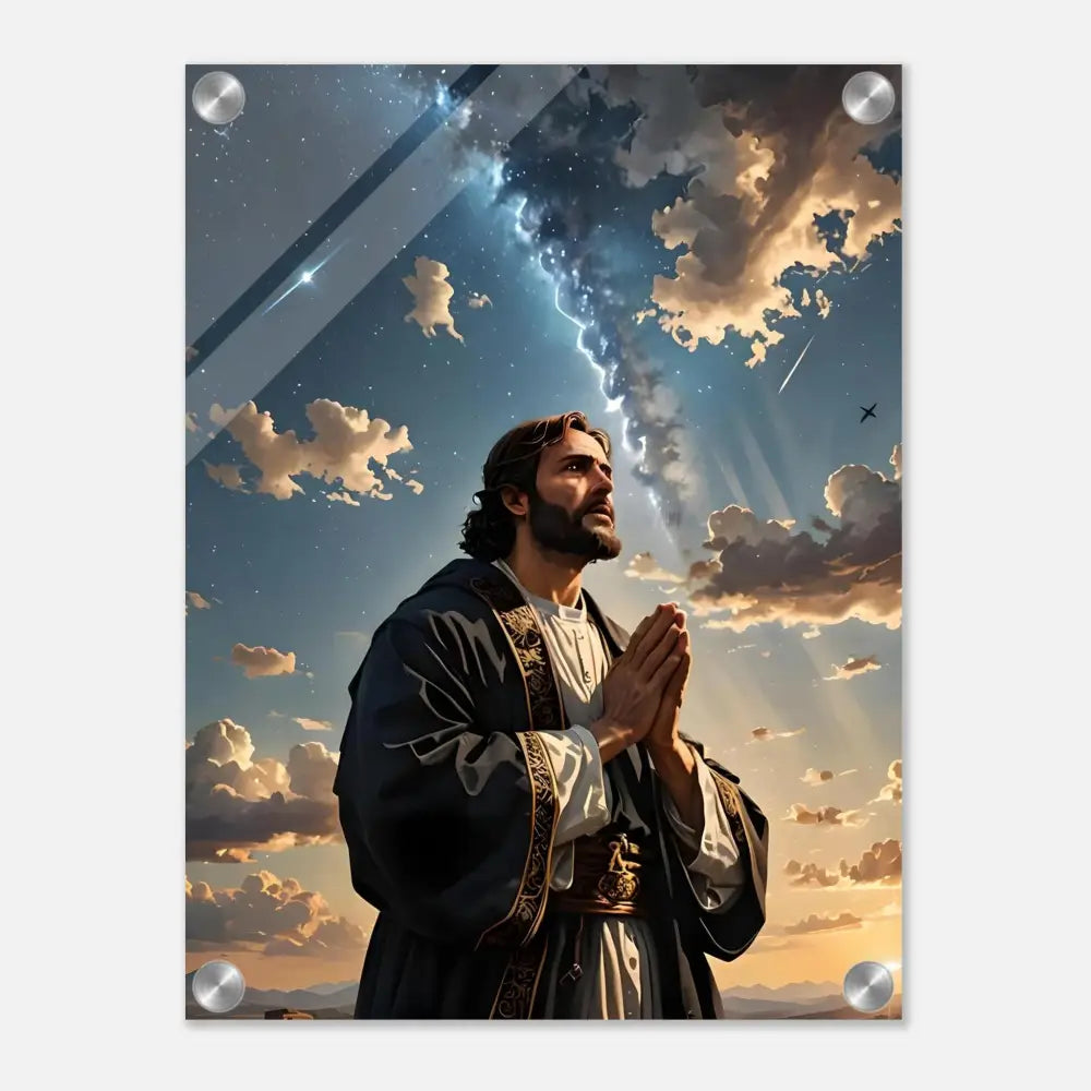 Religious acrylic print featuring cosmic prayer artwork from PixiOnyx