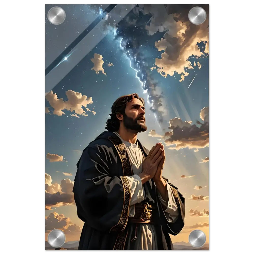 Jesus praying under a dramatic sky acrylic print titled Prayer to the Cosmos by PixiOnyx