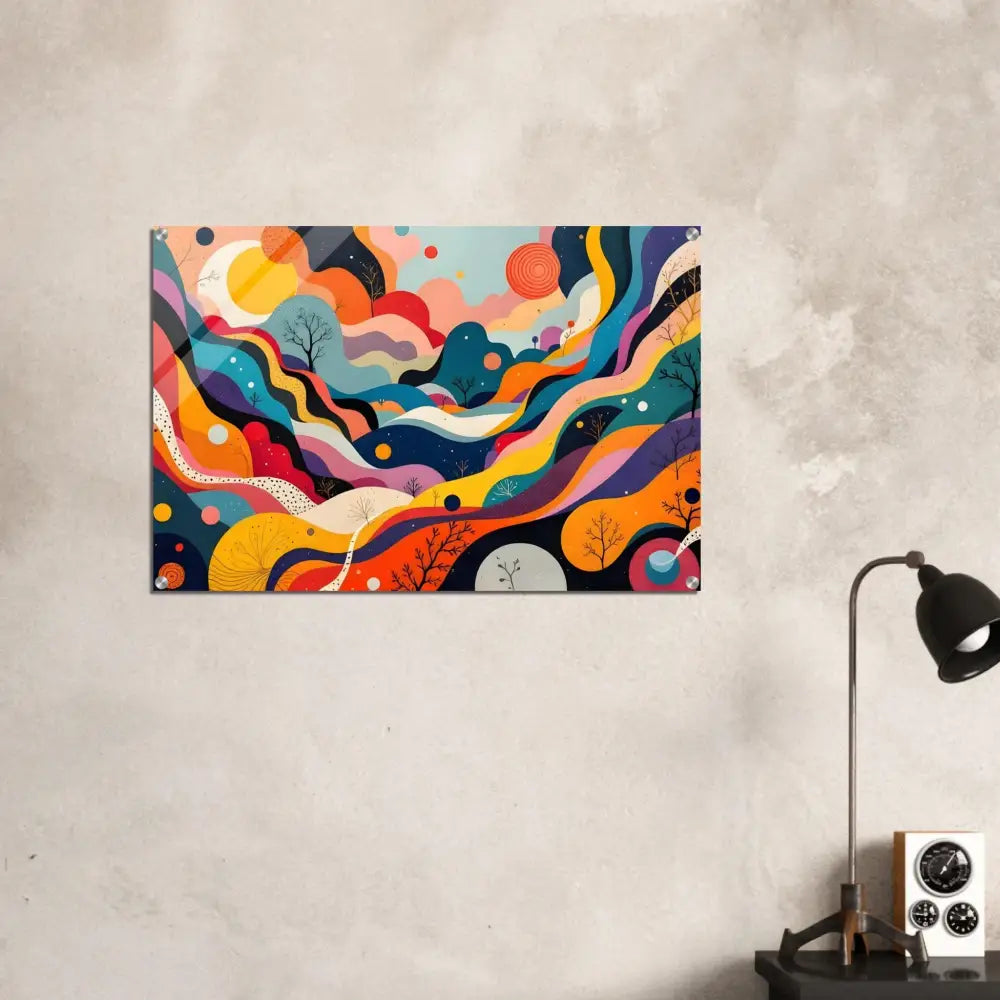 Colorful abstract landscape art acrylic print showcasing vivid psychedelic flowstate design