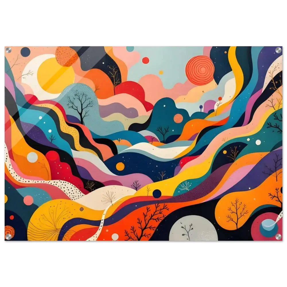 Colorful abstract landscape art acrylic print titled Psychedelic Landscape Flowstate by PixiOnyx