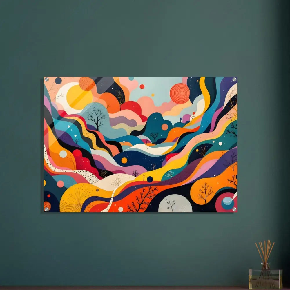 Colorful abstract landscape acrylic print showcasing Psychedelic Landscape Flowstate by PixiOnyx