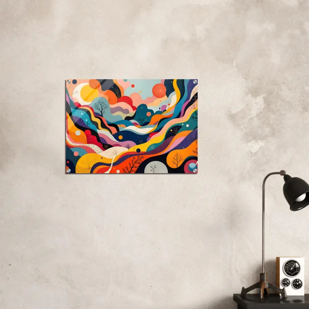 Colorful abstract landscape acrylic print showcasing Psychedelic Landscape Flowstate by PixiOnyx