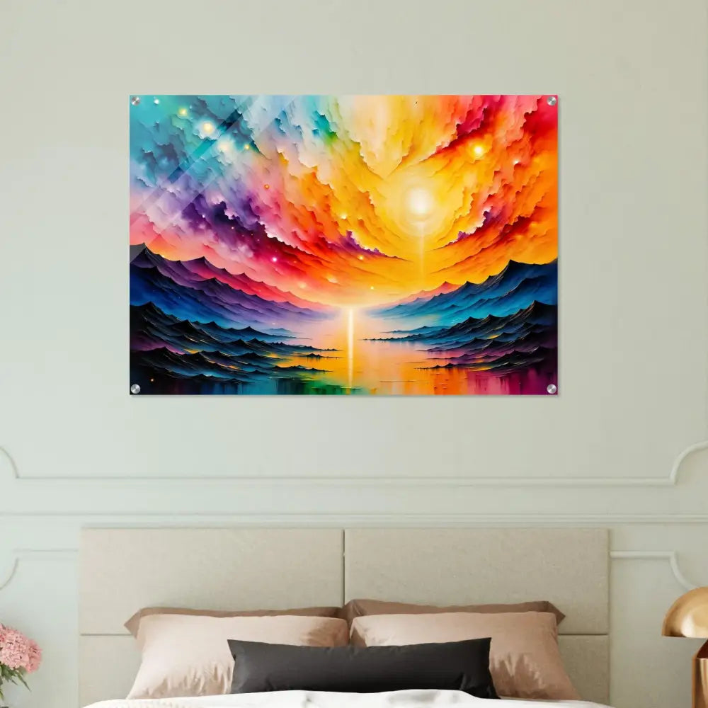 Acrylic print of Radiant Horizon with vibrant abstract landscape, colorful sky, and reflective water