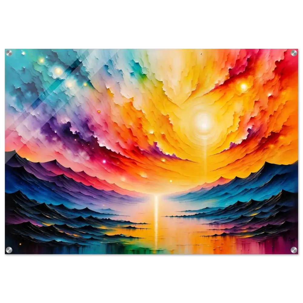 Acrylic Print Radiant Horizon featuring vibrant abstract landscape with radiant sky and colorful reflections