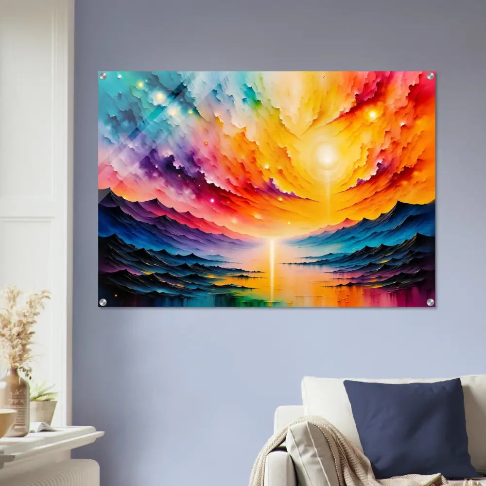 Acrylic Print Radiant Horizon with swirling bright clouds and reflective water showcasing PixiOnyx Depth