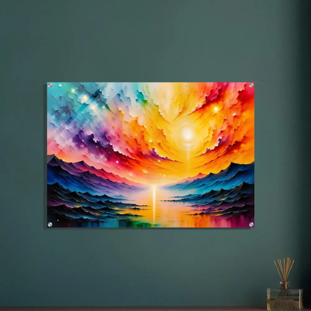 Vibrant abstract landscape acrylic print featuring a radiant horizon and striking depth