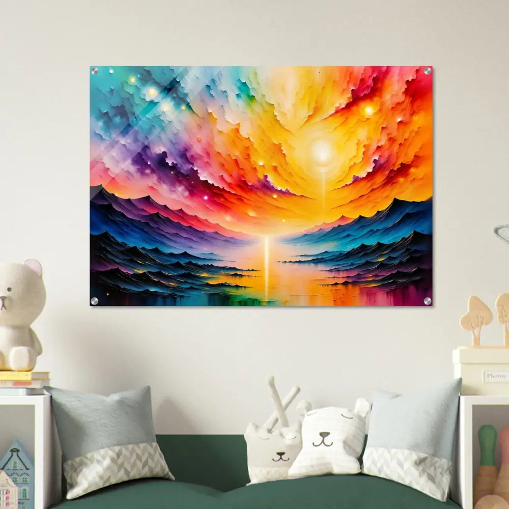 Vibrant abstract landscape acrylic print Radiant Horizon with striking depth on wall
