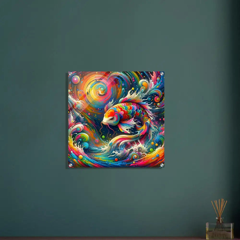 Colorful koi fish abstract acrylic print titled Rainbow Koi by PixiOnyx Crystal Swirl